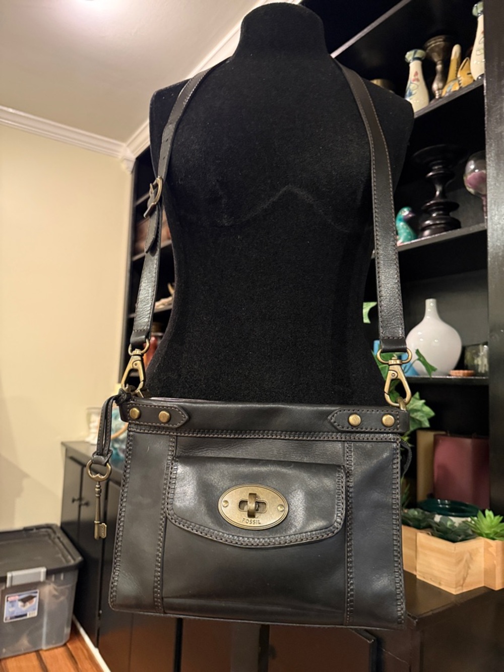 Fossil Black Leather Crossbody with Brass Turn-Lock Accent